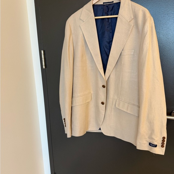 Douglas Hayward NWT 44 Linen blend Beige Blazer with Navy Lining- classic & raw - Picture 3 of 17